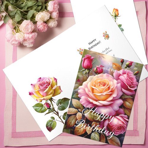 For a Special Friend Pink Yellow Roses Birthday Card