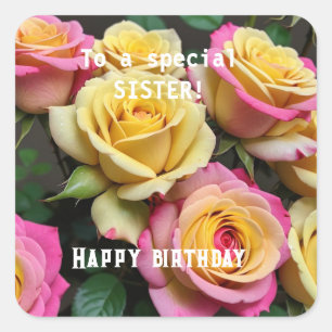 For a Special Sister Pink Yellow Roses Birthday Square Sticker