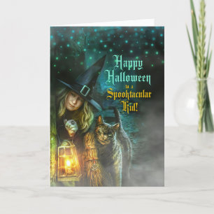 for a Spooktacular Kid Witch and Cat Halloween Holiday Card