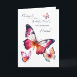 For a Wonderful Friend Birthday Wishes Butterflies Card<br><div class="desc">Soft watercolor butterflies float across a crisp white background in warm pinks, oranges, and violets. The front features the message, “Floating by with Birthday Wishes for a Wonderful Friend, ” written in graceful script and serif typography. Light, cheerful, and feminine, this design captures the warmth of true friendship. A heartfelt...</div>