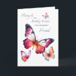 For a Wonderful Friend Birthday Wishes Butterflies Card<br><div class="desc">Soft watercolor butterflies float across a crisp white background in warm pinks, oranges, and violets. The front features the message, “Floating by with Birthday Wishes for a Wonderful Friend, ” written in graceful script and serif typography. Light, cheerful, and feminine, this design captures the warmth of true friendship. A heartfelt...</div>