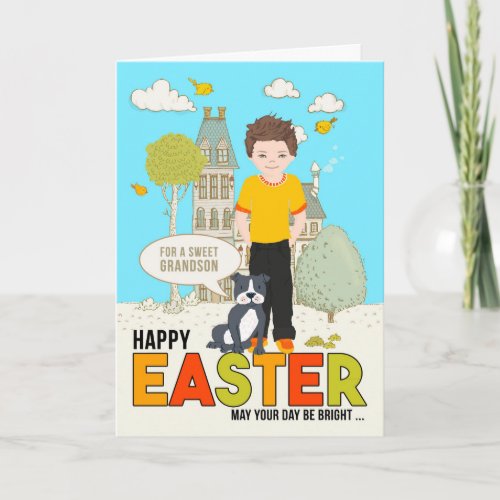 for a Young Grandson on Easter Caucasian Boy Dog Card