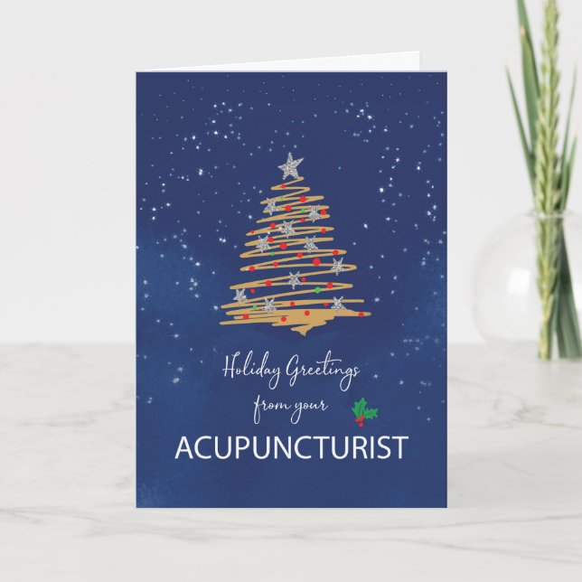 For Acupuncturist Christmas Tree on Navy Card (Front)