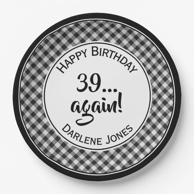 For All Ages Birthday Black Gingham Checks Pattern Paper Plates (Front)