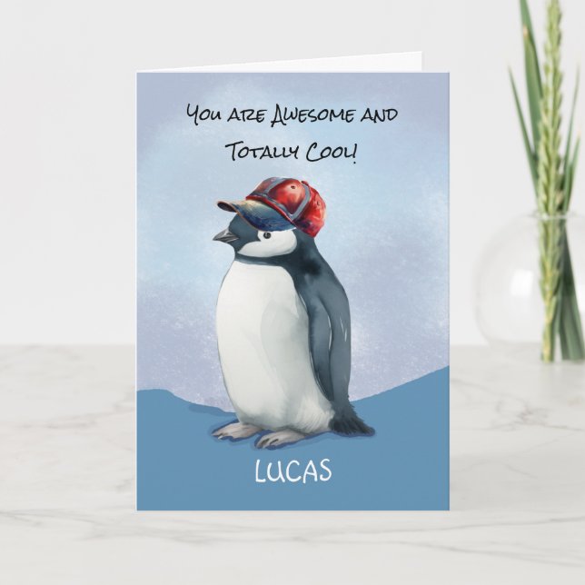 For Any Boy Birthday Penguin With Baseball Hat Card (Front)
