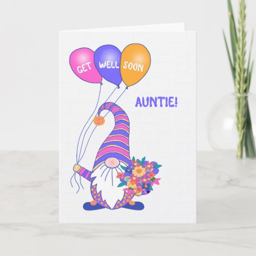 For Auntie Get Well Gnome Balloons Flowers Card