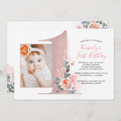For Baby Girl | Pink 1st Birthday Party Photo Invitation (Front/Back)