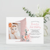 For Baby Girl | Pink 1st Birthday Party Photo Invitation (Standing Front)