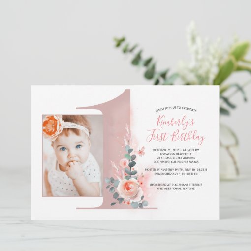 For Baby Girl | Pink 1st Birthday Party Photo Invitation | Zazzle