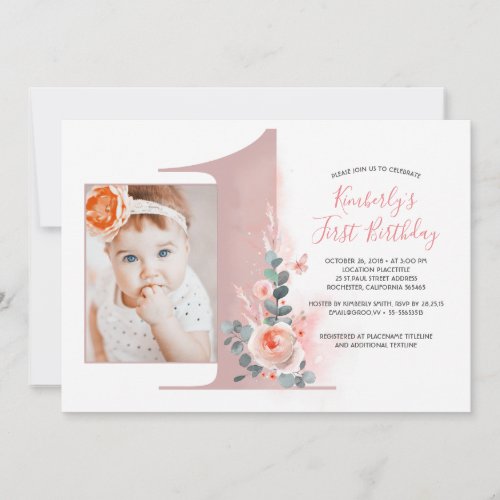 For Baby Girl  Pink 1st Birthday Party Photo Invitation
