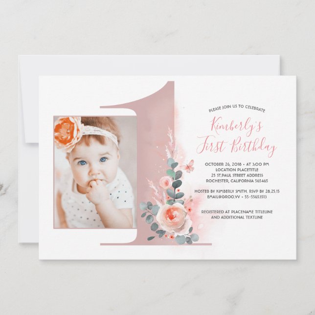 For Baby Girl | Pink 1st Birthday Party Photo Invitation (Front)