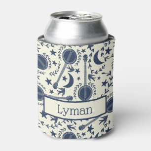 For Banjo Players Blue and Cream Folk Art Pattern Can Cooler