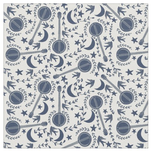 For Banjo Players Blue and Cream Folk Art Pattern Fabric