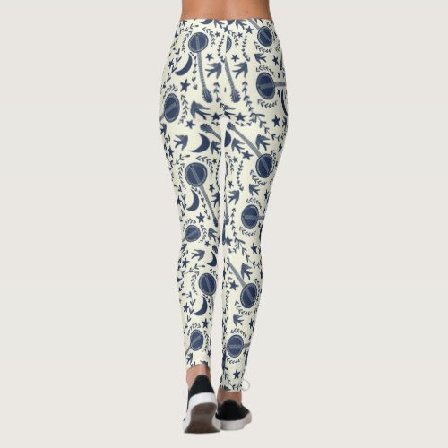 For Banjo Players Blue and Cream Folk Art Pattern Leggings