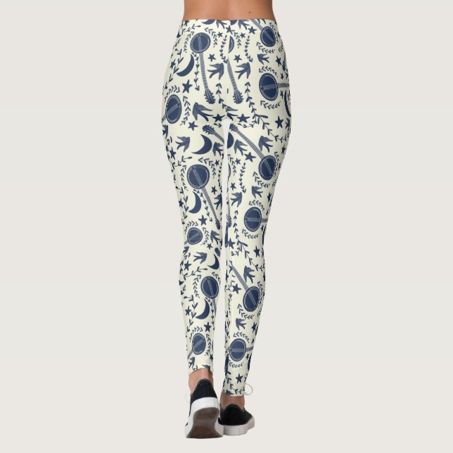 For Banjo Players Blue and Cream Folk Art Pattern Leggings (Back)
