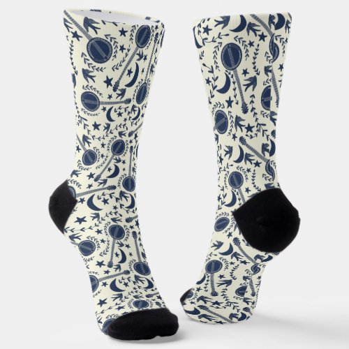 For Banjo Players Blue and Cream Folk Art Pattern Socks