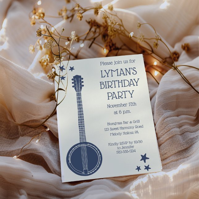 For Banjo Players Navy Blue, Cream Custom Party Invitation (Creator Uploaded)