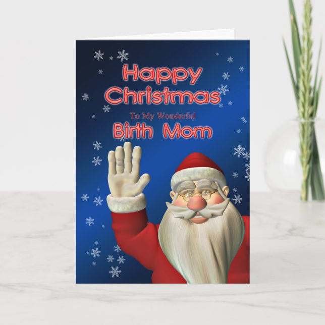 For Birth Mom, a Santa waving Holiday Card (Front)
