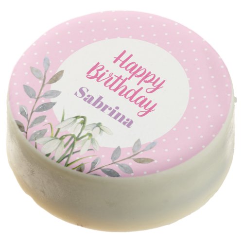 For Birthday Girl White Snowdrops Pink Polka Dots Chocolate Covered Oreo