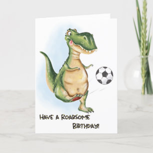 For Boy Cute T-Rex and Football Birthday Card