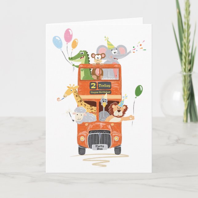 For Boy or Girl Cute Animal Party Bus 2nd Birthday Card (Front)