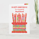 For Boyfriend Custom Age Birthday Cake Card<br><div class="desc">You can add the age to this brightly colored birthday card for your boyfriend, with a strawberry birthday cake. The cake has lots of candles with different patterns and there is a patterned band around the cake with colorful summer fruits - strawberries, raspberries, limes and orange slices. Above the cake,...</div>