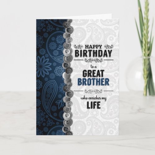 for Brother Birthday Blue Paisley with Buttons Card