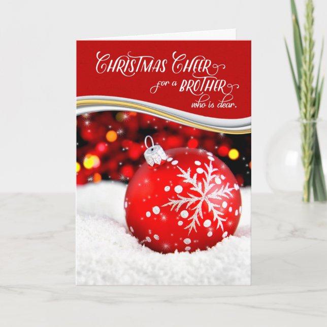 for Brother Christmas Cheer Red Snowflake Ornament Holiday Card (Front)