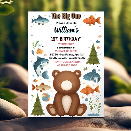 For Brown Fun Fish Boy Cute Baby Bear 1st Birthday Invitation