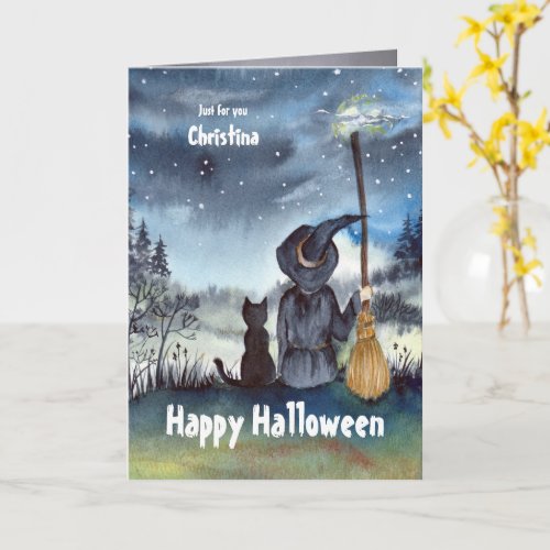 For Christina on Halloween Custom Black Cat Witch Card