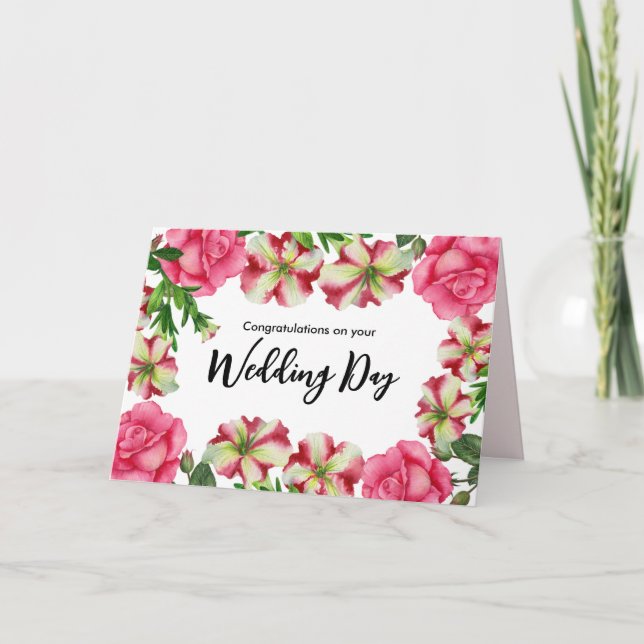 For Couple on Wedding Day Watercolor Pink Flowers Card (Front)