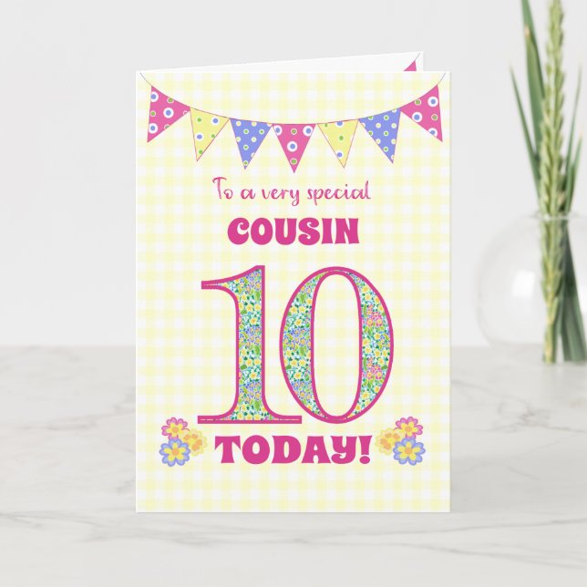 For Cousin 10th Birthday Primroses Bunting Card (Front)