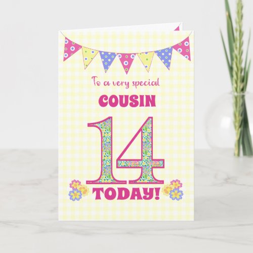 For Cousin 14th Birthday Primroses Bunting Card