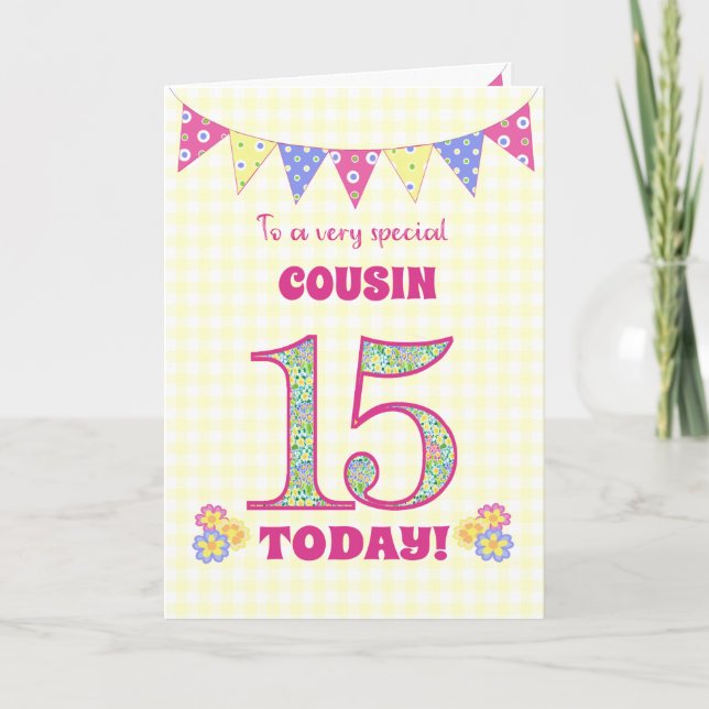 For Cousin 15th Birthday Primroses Bunting Card (Front)