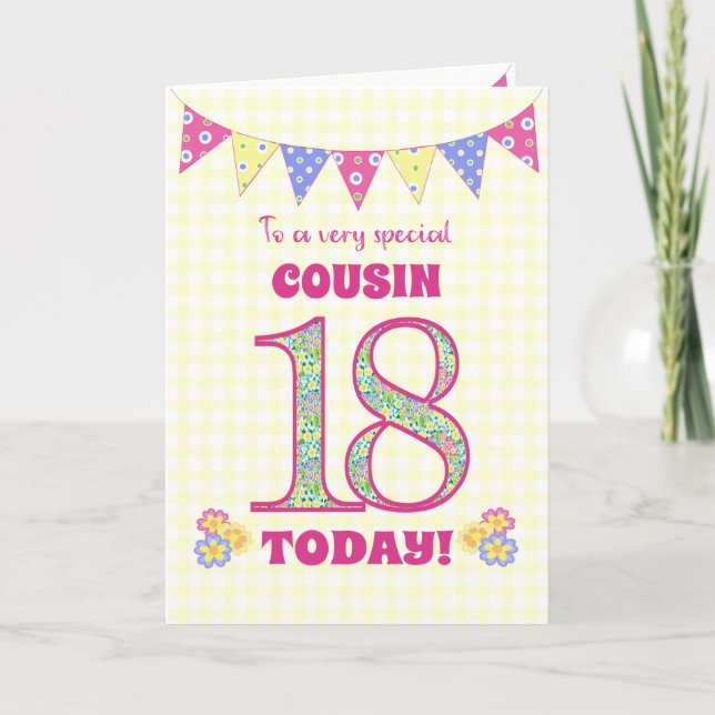 For Cousin 18th Birthday Primroses and Bunting Card (Front)