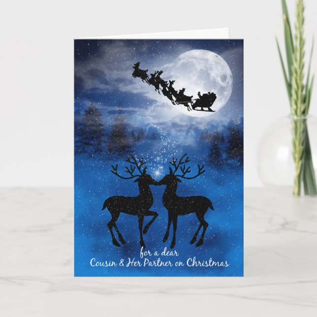 for Cousin and her Partner Kissing Reindeer Holiday Card (Front)