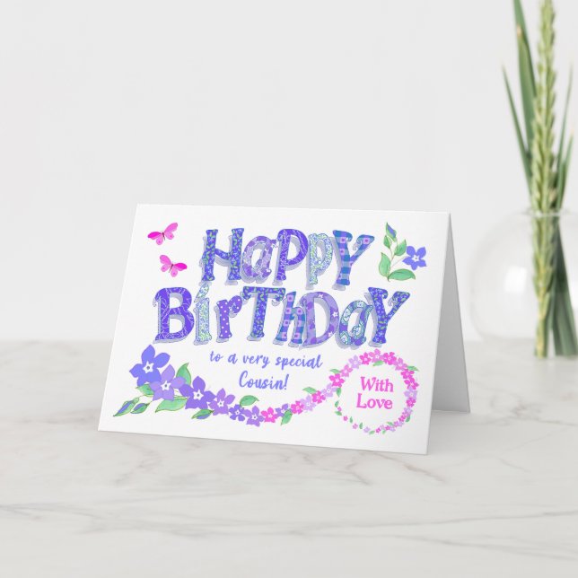 For  Cousin Birthday Pink and Blue Periwinkles  Holiday Card (Front)