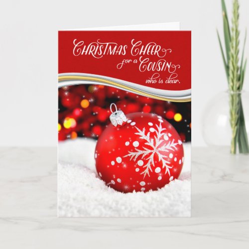 for Cousin Christmas Cheer Red Snowflake Ornament Holiday Card