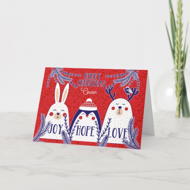 for Cousin Christmas Woodland Creatures Red Blue Holiday Card (Front)