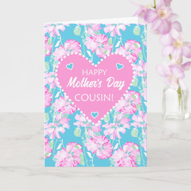 For Cousin Mothers Day Pink Roses on Blue Card (Orchid)
