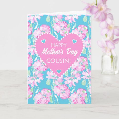For Cousin Mothers Day Pink Roses on Blue Card