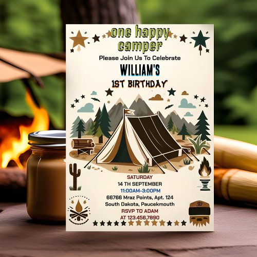 For Cute Nature Boys One Happy Camper 1st Birthday Invitation
