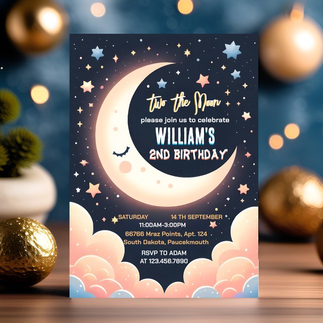 For Cute Space night sky Two The Moon 2nd Birthday Invitation (Creator Uploaded)