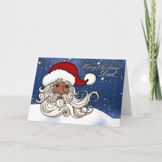 For Dad, A Black Santa With Snow Merry Christmas Holiday Card (Front)