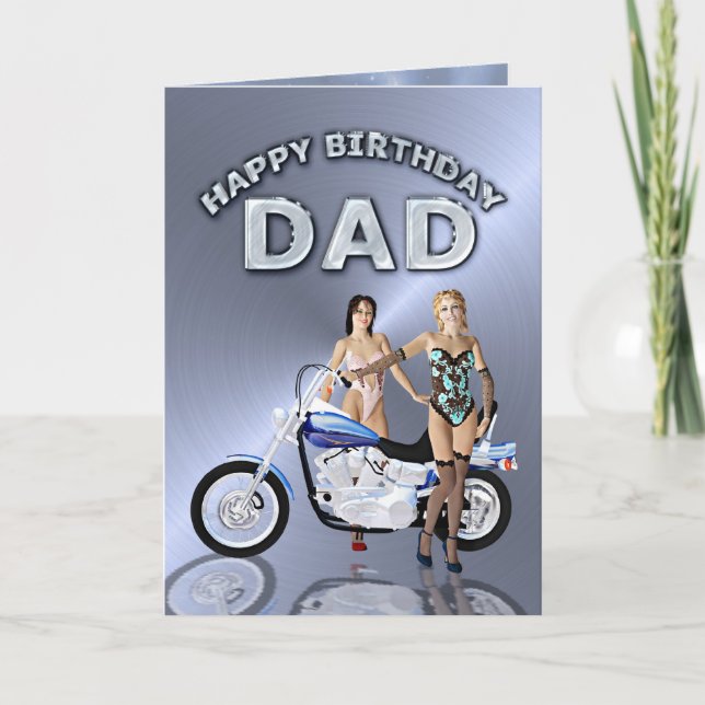 For dad, birthday with girls and a motorcycle card (Front)