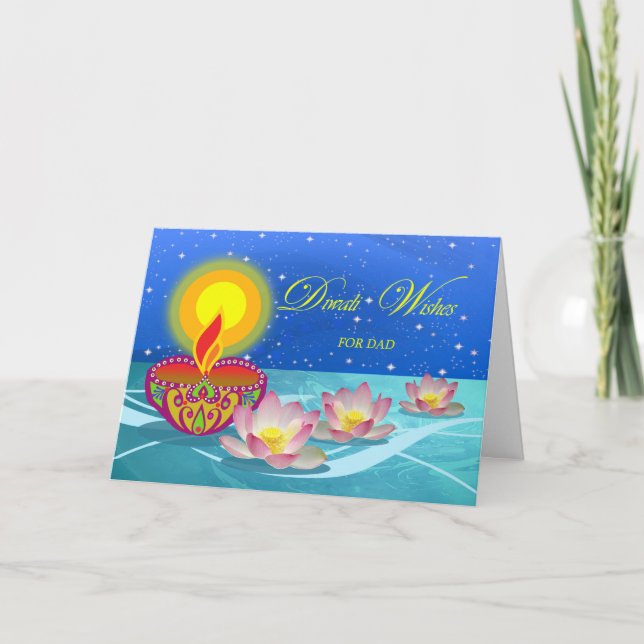 For Dad Diwali Wishes with Diya and Lotus Card (Front)
