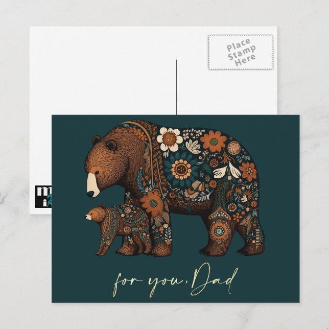For Dad on Father´s Day Cute Bears Folk Art Postcard (Front/Back)