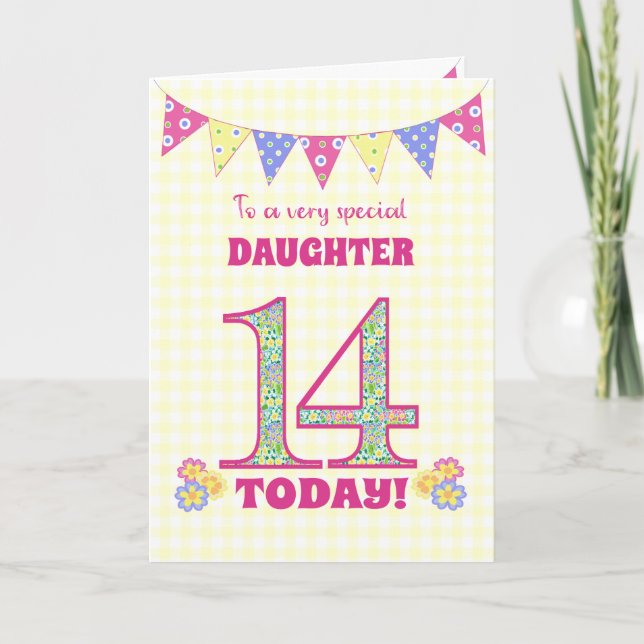 For Daughter 14th Birthday Primroses Bunting Card (Front)