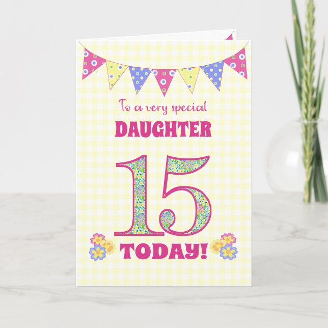 For Daughter 15th Birthday Primroses Bunting Card (Front)