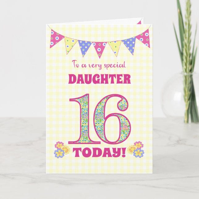 For Daughter 16th Birthday Primroses Bunting Card (Front)